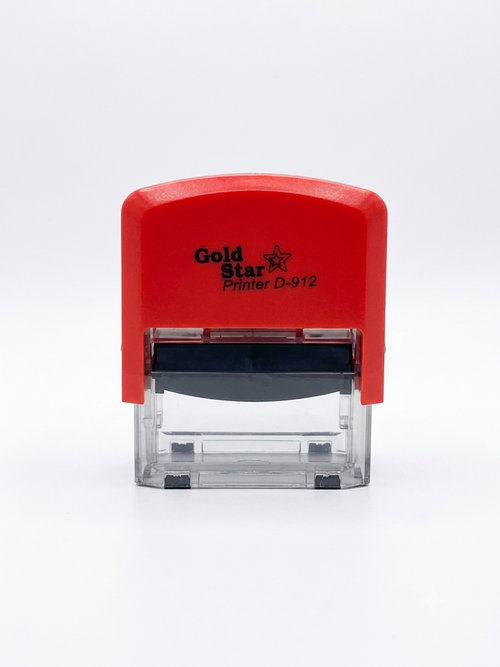 Gold Star D-912 self-inking stamp, red body